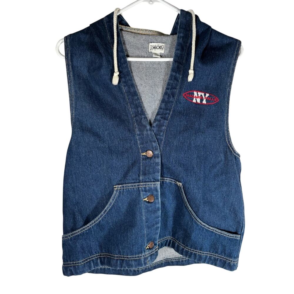 Cherokee Vintage Hooded Blue Denim Vest Size Medium